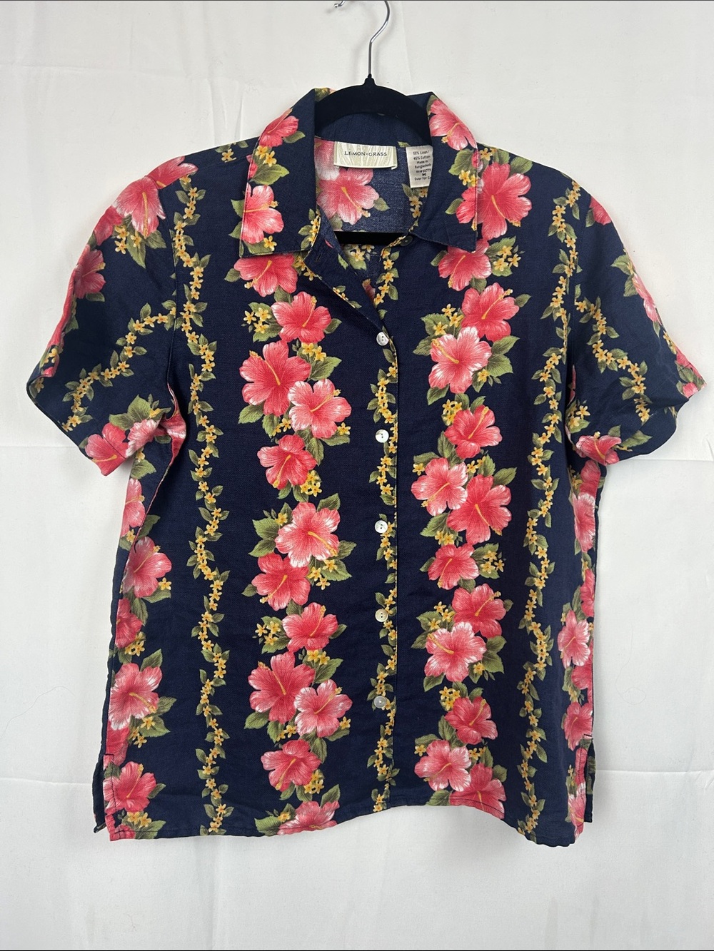 Navy Hawaiian Floral Button-Up Shirt with Pink Hibiscus